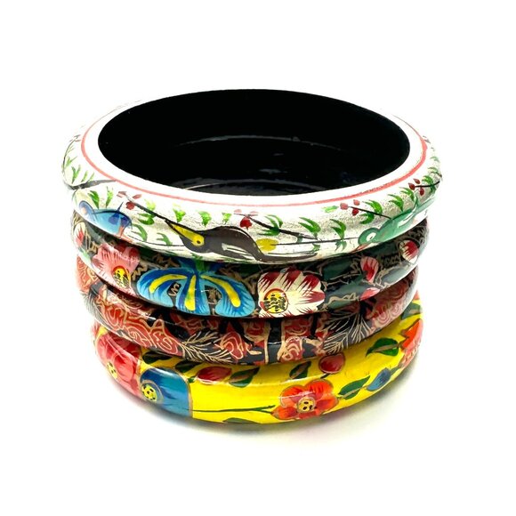 Hand-Painted Folk Art Wooden Bangle Bracelets Set of 4—Floral Designs—Like New - Picture 7 of 8